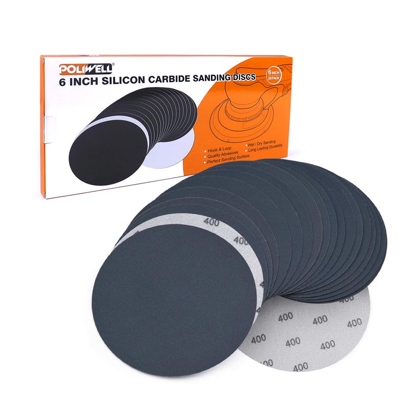 POLIWELL 6 Inch (150mm) 400 Grit Sanding Discs, Waterproof Hook & Loop Heavy Duty Silicon Carbide Round Flocking Sandpaper for Wet/Dry Sanding Grinder Polishing Accessories, 20-Pack - Image 1